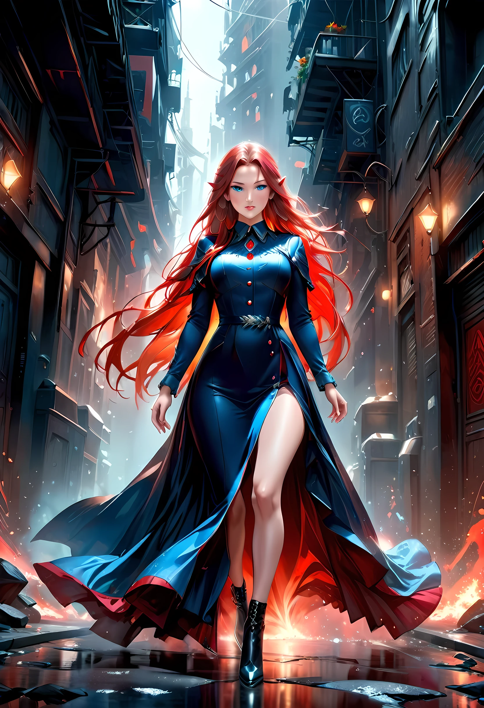 high details, best quality, 16k, [ultra detailed], masterpiece, best quality, (extremely detailed), full body, ultra wide shot, photorealistic, fantasy noir art, a beautiful female elf, mysterious. dark noir film, glam photoshoot, she has (red: 1.3) hair, long hair, (blue: 1.4) eyes, she wears (white: 1.3)  buttons shirt, dynamic color dress, intricate detailed dress,  she is has magical aura,  dark alley in an modern urban setting, high details, best quality, highres, ultra wide angle, GlowingRunesAI_red, 