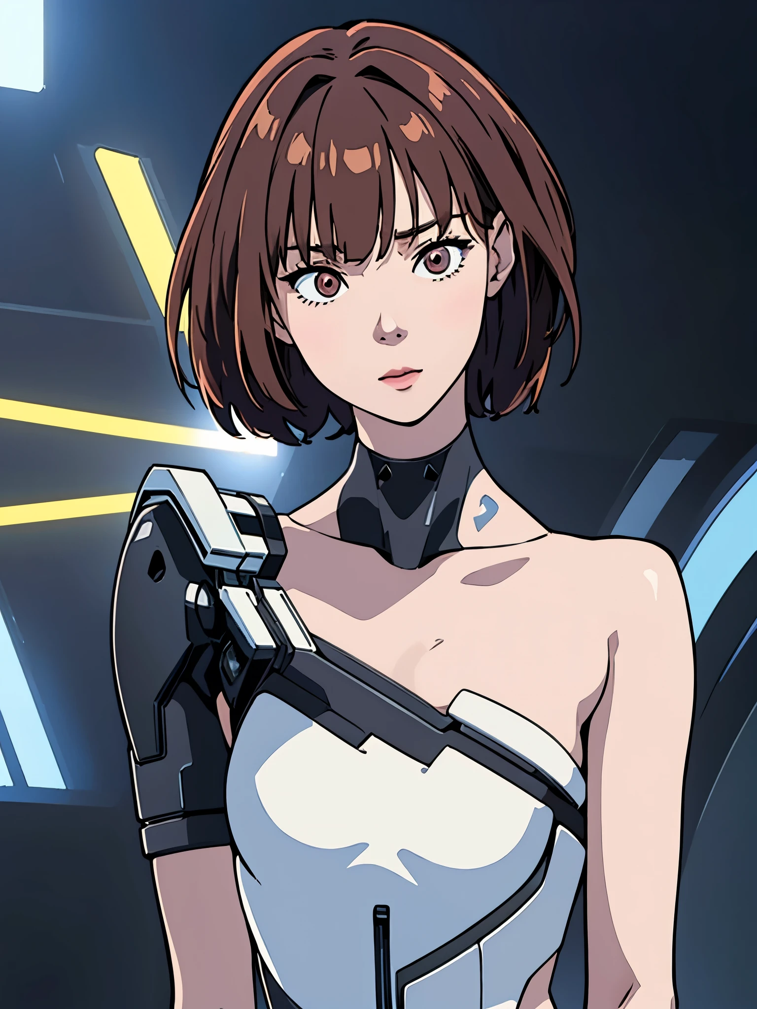 digital art drawing, illustration of (Winter from k-pop group aespa, short white hair with bangs, brown eyes, flat chest, topless, nude, exposed breasts, metal robotic arms, cyborg arms, evil look, neon details, cyberpunk 2077), anime drawing/art, bold linework, illustration, digital art, masterpiece, flat illustration, no shadows, 8k resolution, high detail, vector art, only anime, perfect eyes, perfect hands, perfect fingers, sharpness, high clarity, medium shot, high fidelity
