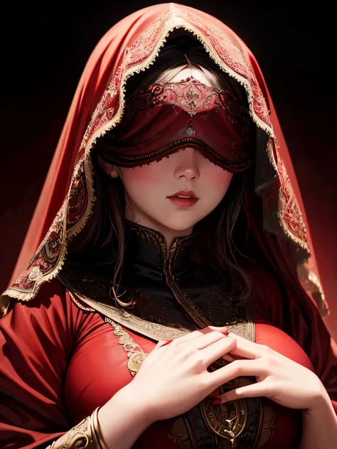 a chubby elegant woman in a red veil covering her eyes, fingers on her lips, long red nails, black background, photo-realistic, ...