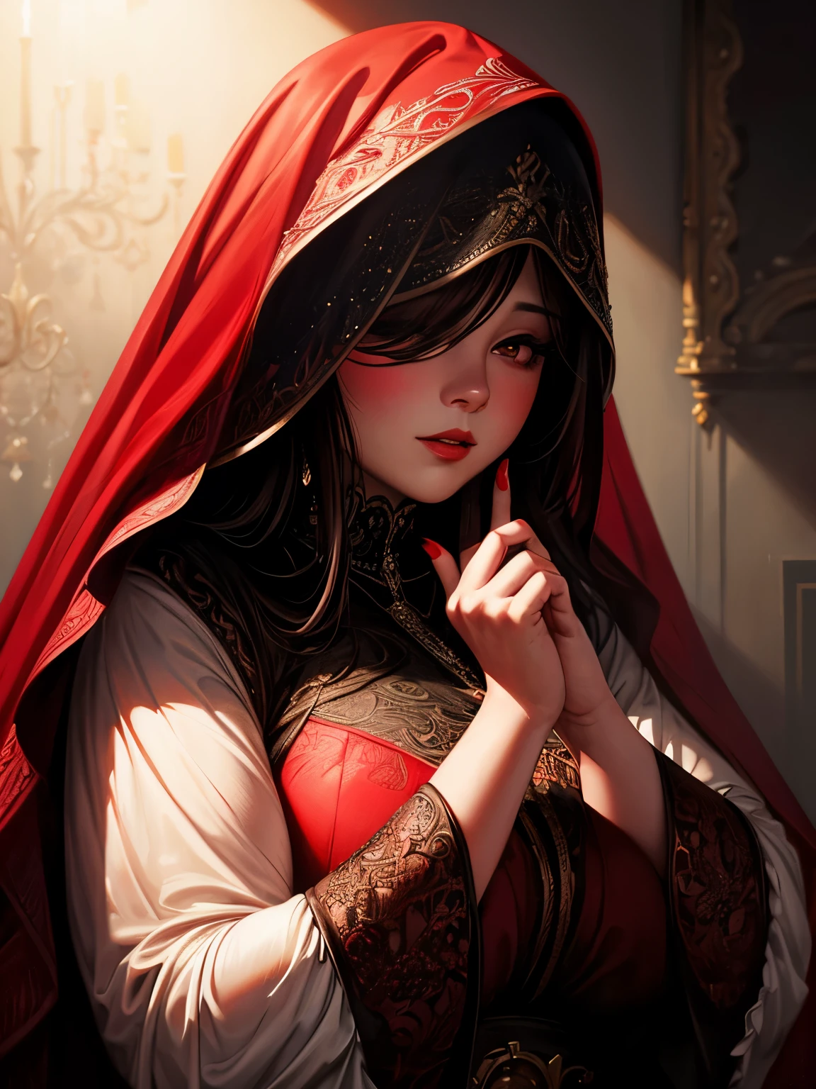 a chubby elegant woman in a red veil covering her eyes, fingers on her lips, long red nails, black background, photo-realistic, high quality, intricate details, oil painting, dramatic lighting, muted colors, mysterious atmosphere