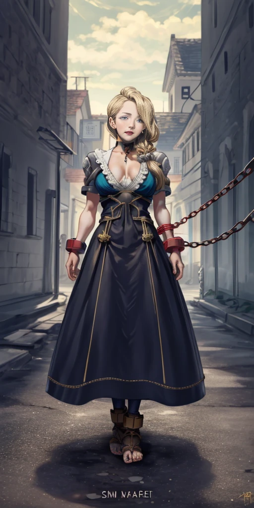 (obra de arte, melhor qualidade), detalhes intrincados, 1 garota, Cammy White de Street Fighter (em pé, corpo inteiro, ponta a ponta, apoiado em um poste de madeira:1.2) colar de ferro, braços atrás das costas, algemas de ferro, algemas, vinculado, roupa de escravidão, aproveitar, Anel-O, roupa de escravidão blindfolded cover eyes, bochechas vermelhas felizes, chain leash collar choker neck bell algemas wristbands bracers bracelets, clivar mordaça