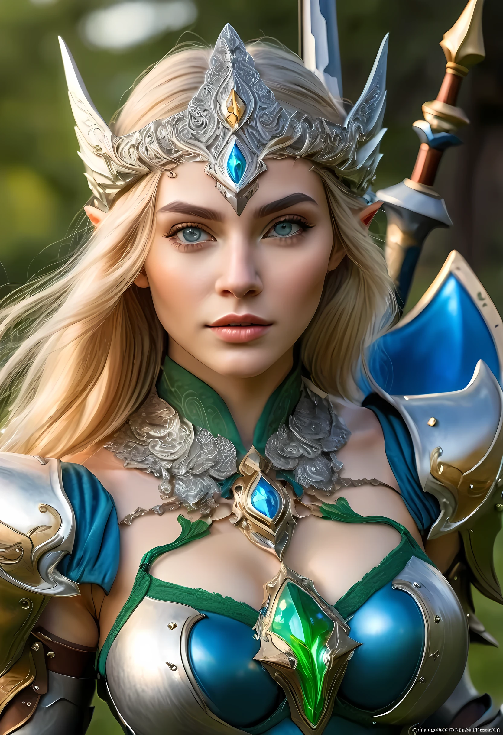 high details, best quality, 16k, [ultra detailed], masterpiece, best quality, (extremely detailed), full body, ultra wide shot, photorealistic, fantasy art, dnd art, rpg art, realistic art, a wide angle, (((anatomically correct))) a portrait of an elf knight, elf warrior, princess knight, shinning knight, ready for battle with her mount (intense details, Masterpiece, best quality: 1.5), female elf (intense details, Masterpiece, best quality: 1.5), ultra detailed face, ultra feminine, fair skin, exquisite beauty, gold hair, long hair, wavy hair, small pointed ears, dynamic eyes color, wearing heavy mech armor, shinning metal, armed with elven sword, green meadows, blue skies background and some clouds background depth of field (intricate details, Masterpiece, best quality: 1.5), full body (intricate details, Masterpiece, best quality: 1.5), high details, best quality, highres, ultra wide angle