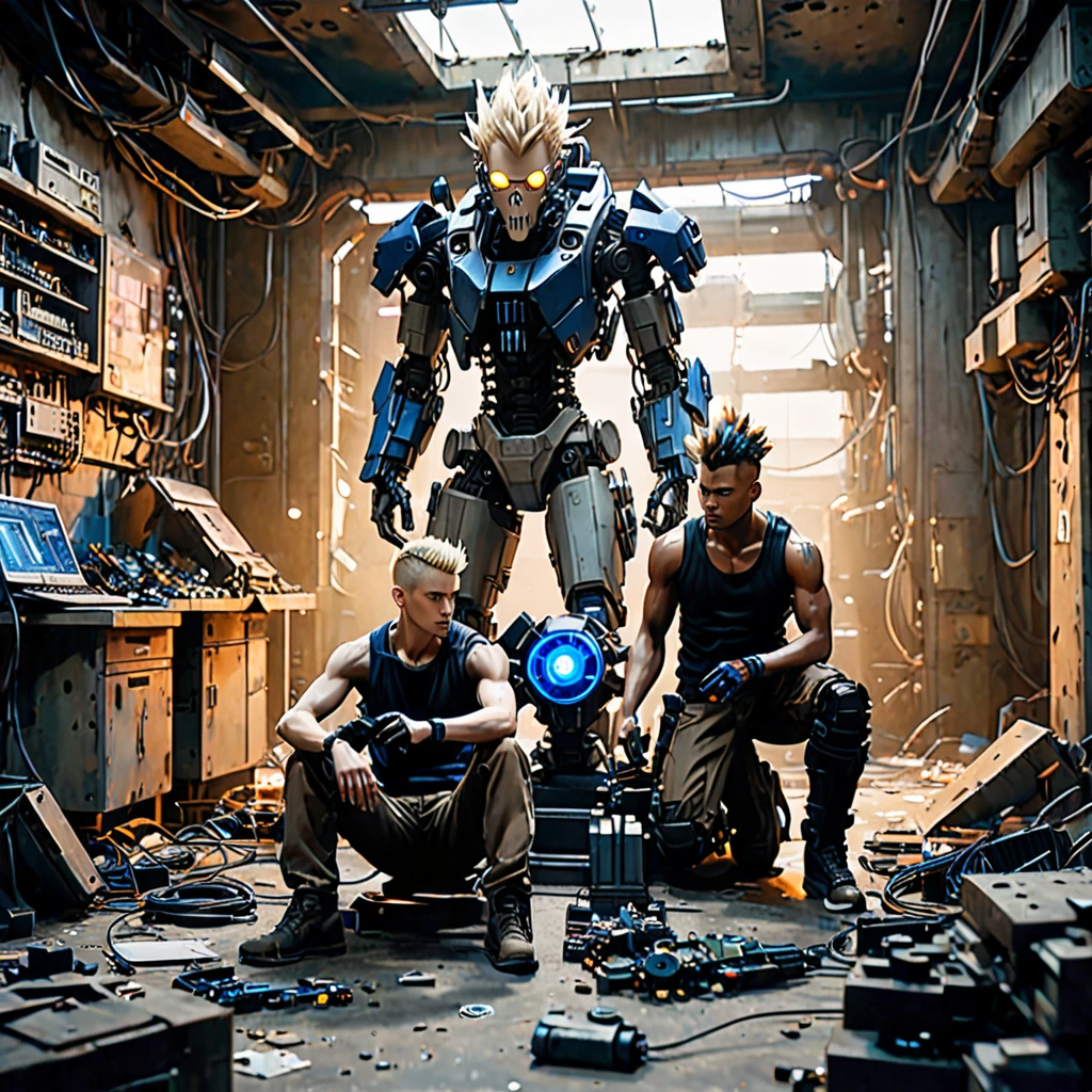 Create an image featuring two central characters surrounded by a chaotic assemblage of mechanical and cybernetic parts. The figure on the left is seated, with fair skin and shoulder-length blonde hair, wearing a gray tank top, brown pants, and cobalt blue shoulder armor. They are holding a colorful sneaker and focusing on repairing it. The figure on the right is kneeling with medium skin tone, sporting a large black mohawk. They wear a sleeveless shirt, dark pants, and examine a small, grotesque cybernetic head with exposed wires and a partial skull. Both display an atmosphere of concentration and are engaged in their tasks in a setting littered with robotic limbs, wires and cybernetic debris. A variety of lights and holographic projections emerge from the technological detritus, casting ambient lighting. The environment should evoke a post-apocalyptic sci-fi setting with a warm, sepia-toned background that subtly blends into a clear, clear sky. 