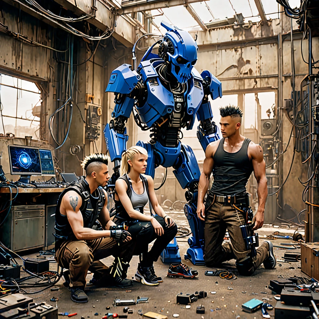 Create an image featuring two central characters surrounded by a chaotic assemblage of mechanical and cybernetic parts. The figure on the left is seated, with fair skin and shoulder-length blonde hair, wearing a gray tank top, brown pants, and cobalt blue shoulder armor. They are holding a colorful sneaker and focusing on repairing it. The figure on the right is kneeling with medium skin tone, sporting a large black mohawk. They wear a sleeveless shirt, dark pants, and examine a small, grotesque cybernetic head with exposed wires and a partial skull. Both display an atmosphere of concentration and are engaged in their tasks in a setting littered with robotic limbs, wires and cybernetic debris. A variety of lights and holographic projections emerge from the technological detritus, casting ambient lighting. The environment should evoke a post-apocalyptic sci-fi setting with a warm, sepia-toned background that subtly blends into a clear, clear sky. 