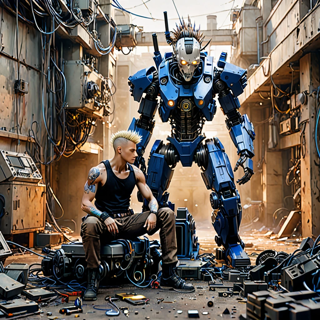 Create an image featuring two central characters surrounded by a chaotic assemblage of mechanical and cybernetic parts. The figure on the left is seated, with fair skin and shoulder-length blonde hair, wearing a gray tank top, brown pants, and cobalt blue shoulder armor. They are holding a colorful sneaker and focusing on repairing it. The figure on the right is kneeling with medium skin tone, sporting a large black mohawk. They wear a sleeveless shirt, dark pants, and examine a small, grotesque cybernetic head with exposed wires and a partial skull. Both display an atmosphere of concentration and are engaged in their tasks in a setting littered with robotic limbs, wires and cybernetic debris. A variety of lights and holographic projections emerge from the technological detritus, casting ambient lighting. The environment should evoke a post-apocalyptic sci-fi setting with a warm, sepia-toned background that subtly blends into a clear, clear sky. 