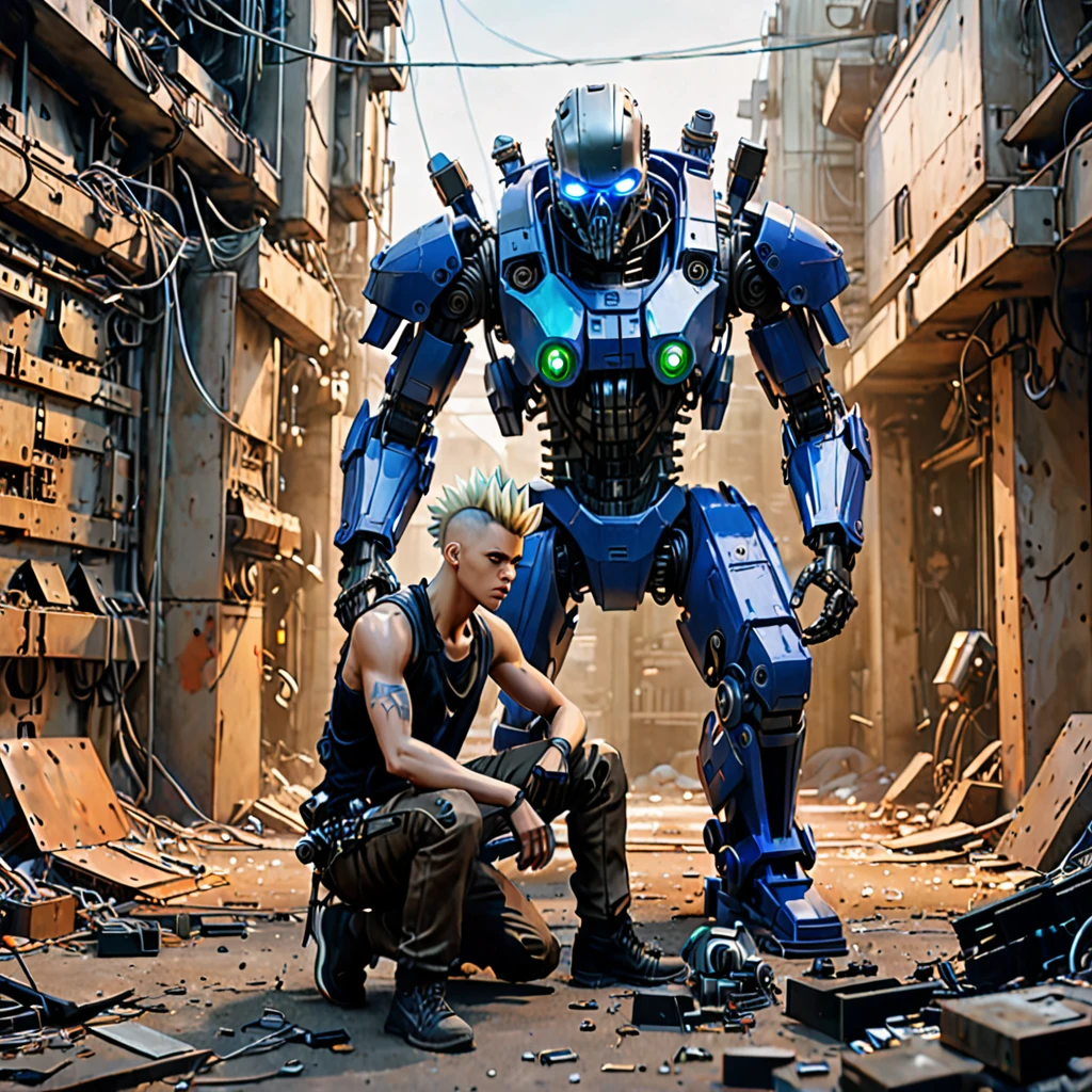 Create an image featuring two central characters surrounded by a chaotic assemblage of mechanical and cybernetic parts. The figure on the left is seated, with fair skin and shoulder-length blonde hair, wearing a gray tank top, brown pants, and cobalt blue shoulder armor. They are holding a colorful sneaker and focusing on repairing it. The figure on the right is kneeling with medium skin tone, sporting a large black mohawk. They wear a sleeveless shirt, dark pants, and examine a small, grotesque cybernetic head with exposed wires and a partial skull. Both display an atmosphere of concentration and are engaged in their tasks in a setting littered with robotic limbs, wires and cybernetic debris. A variety of lights and holographic projections emerge from the technological detritus, casting ambient lighting. The environment should evoke a post-apocalyptic sci-fi setting with a warm, sepia-toned background that subtly blends into a clear, clear sky. 