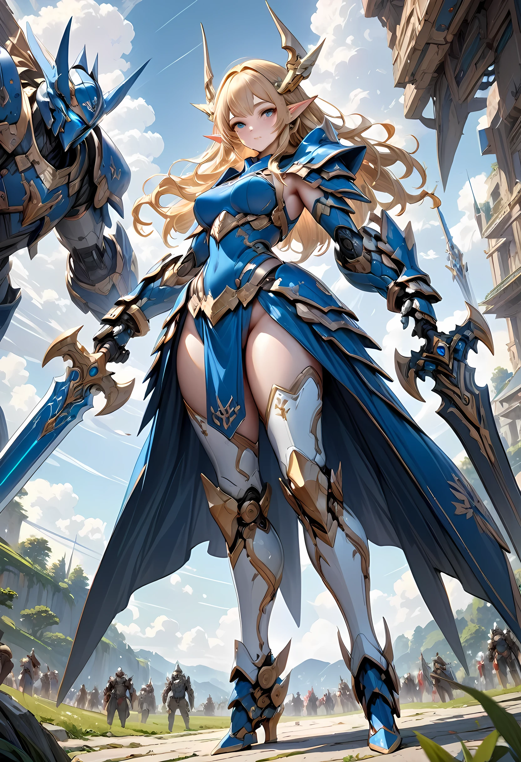 high details, best quality, 16k, [ultra detailed], masterpiece, best quality, (extremely detailed), full body, ultra wide shot, photorealistic, , fantasy art, dnd art, rpg art, realistic art, a wide angle, (((anatomically correct))) a wallpaper of an elf knight, elf warrior, princess knight, shinning knight, ready for battle with her mount (intense details, Masterpiece, best quality: 1.5), female elf (intense details, Masterpiece, best quality: 1.5), ultra detailed face, ultra feminine, fair skin, exquisite beauty, gold hair, long hair, wavy hair, small pointed ears, dynamic eyes color, wearing heavy mech armor, shinning metal, armed with elven sword, green meadows, blue skies background and some clouds background depth of field (intricate details, Masterpiece, best quality: 1.5), full body (intricate details, Masterpiece, best quality: 1.5), high details, best quality, highres, ultra wide angle, cybrk