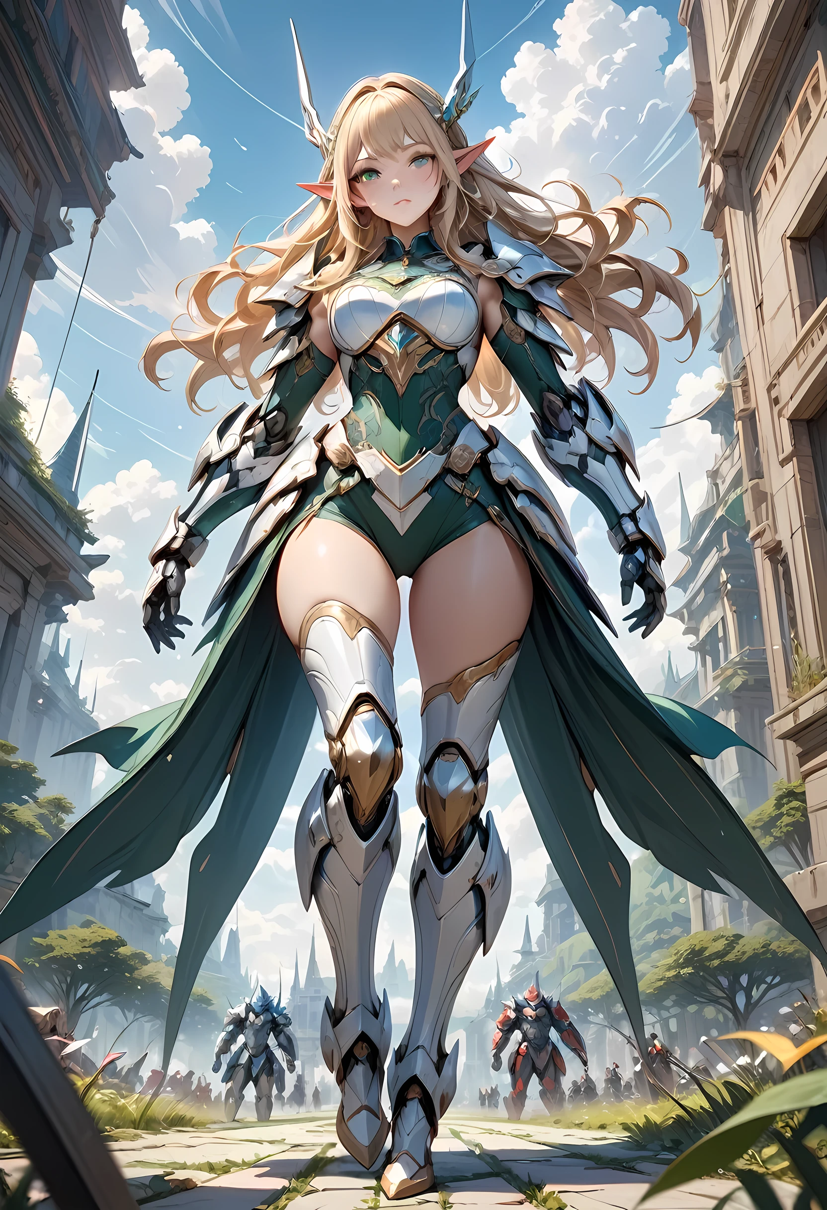 high details, best quality, 16k, [ultra detailed], masterpiece, best quality, (extremely detailed), full body, ultra wide shot, photorealistic, , fantasy art, dnd art, rpg art, realistic art, a wide angle, (((anatomically correct))) a wallpaper of an elf knight, elf warrior, princess knight, shinning knight, ready for battle with her mount (intense details, Masterpiece, best quality: 1.5), female elf (intense details, Masterpiece, best quality: 1.5), ultra detailed face, ultra feminine, fair skin, exquisite beauty, gold hair, long hair, wavy hair, small pointed ears, dynamic eyes color, wearing heavy mech armor, shinning metal, armed with elven sword, green meadows, blue skies background and some clouds background depth of field (intricate details, Masterpiece, best quality: 1.5), full body (intricate details, Masterpiece, best quality: 1.5), high details, best quality, highres, ultra wide angle, cybrk