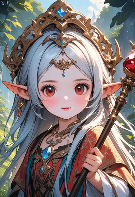 1 gilr, (elf, dark skin, brown skin. silver hair:1.3), A cheerful and lively elf girl with a round face, cute and very friendly,...