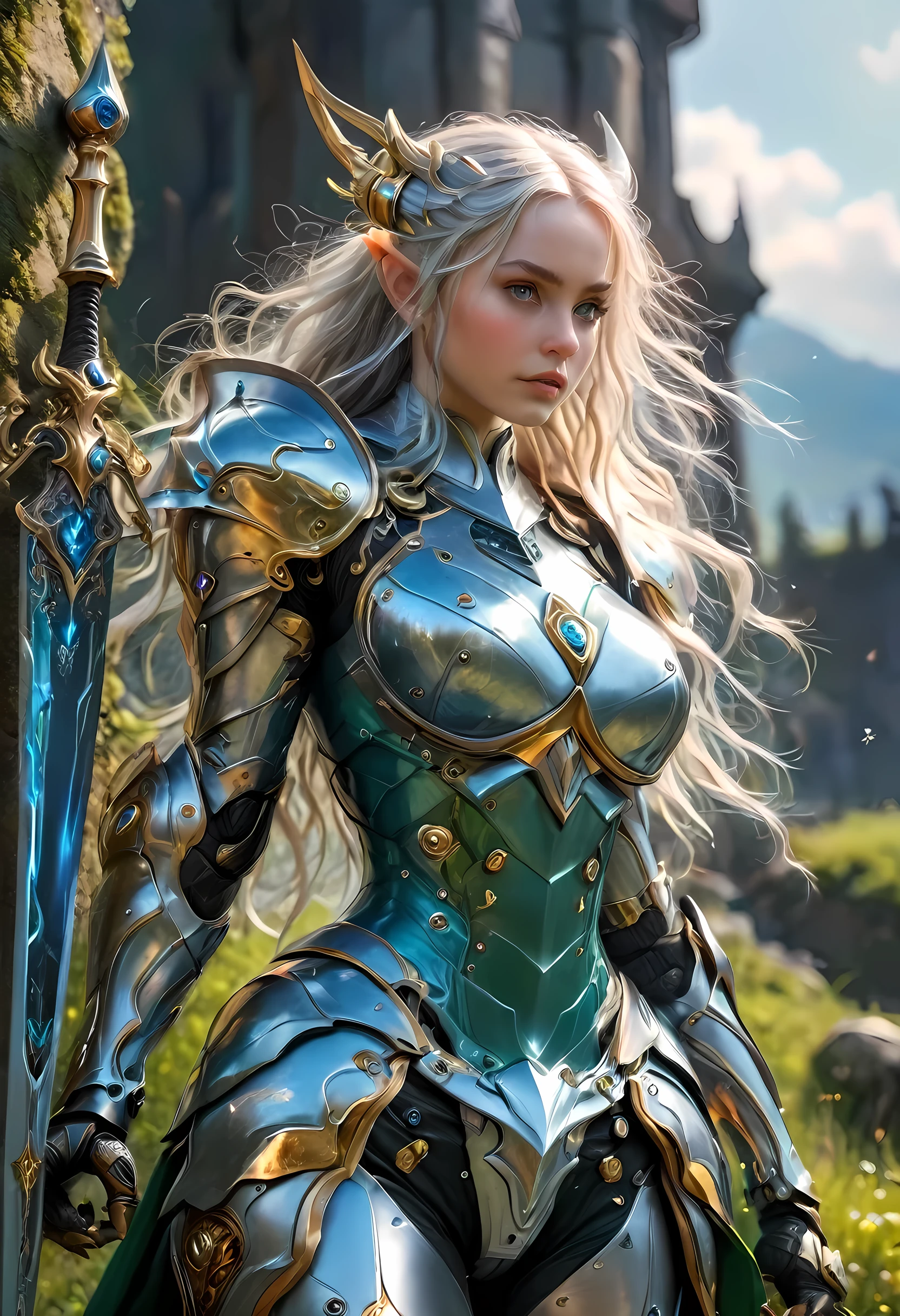 high details, best quality, 16k, [ultra detailed], masterpiece, best quality, (extremely detailed), full body, ultra wide shot, photorealistic, , fantasy art, dnd art, rpg art, realistic art, a wide angle, (((anatomically correct))) a wallpaper of an elf knight, elf warrior, princess knight, shinning knight, ready for battle with her mount (intense details, Masterpiece, best quality: 1.5), female elf (intense details, Masterpiece, best quality: 1.5), ultra detailed face, ultra feminine, fair skin, exquisite beauty, gold hair, long hair, wavy hair, small pointed ears, dynamic eyes color, wearing heavy mech armor, shinning metal, armed with elven sword, green meadows, blue skies background and some clouds background depth of field (intricate details, Masterpiece, best quality: 1.5), full body (intricate details, Masterpiece, best quality: 1.5), high details, best quality, highres, ultra wide angle, cybrk