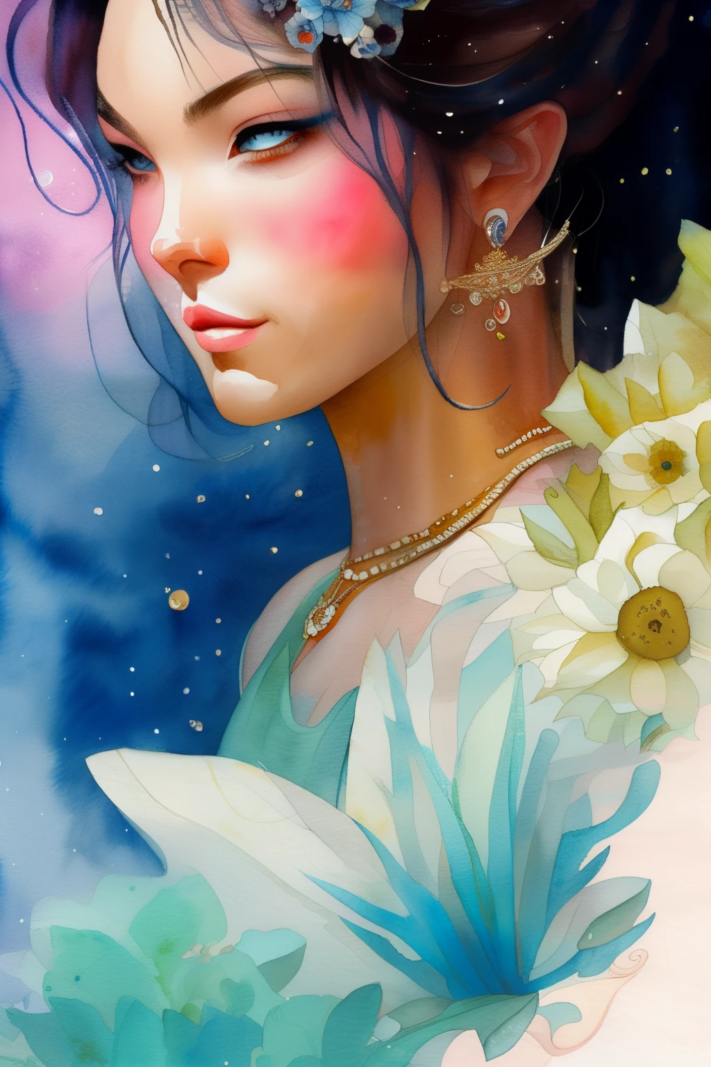 This is a realistic and detailed watercolor fantasy image. Generate a beautiful ethereal woman with beautiful detailed eyes and puffy lips. The woman's face is interesting and perfect, and she is magical and sweet. The aesthetic of the image is sweet watercolor painting. In the trending style of Art Station.