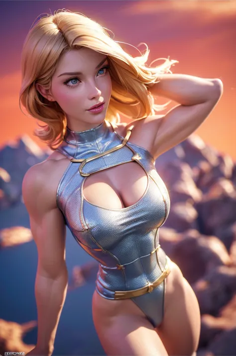 1girl, blonde woman, power girl costume, muscular, large breasts, toned body, flying, clear sky, cityscape background, (best qua...