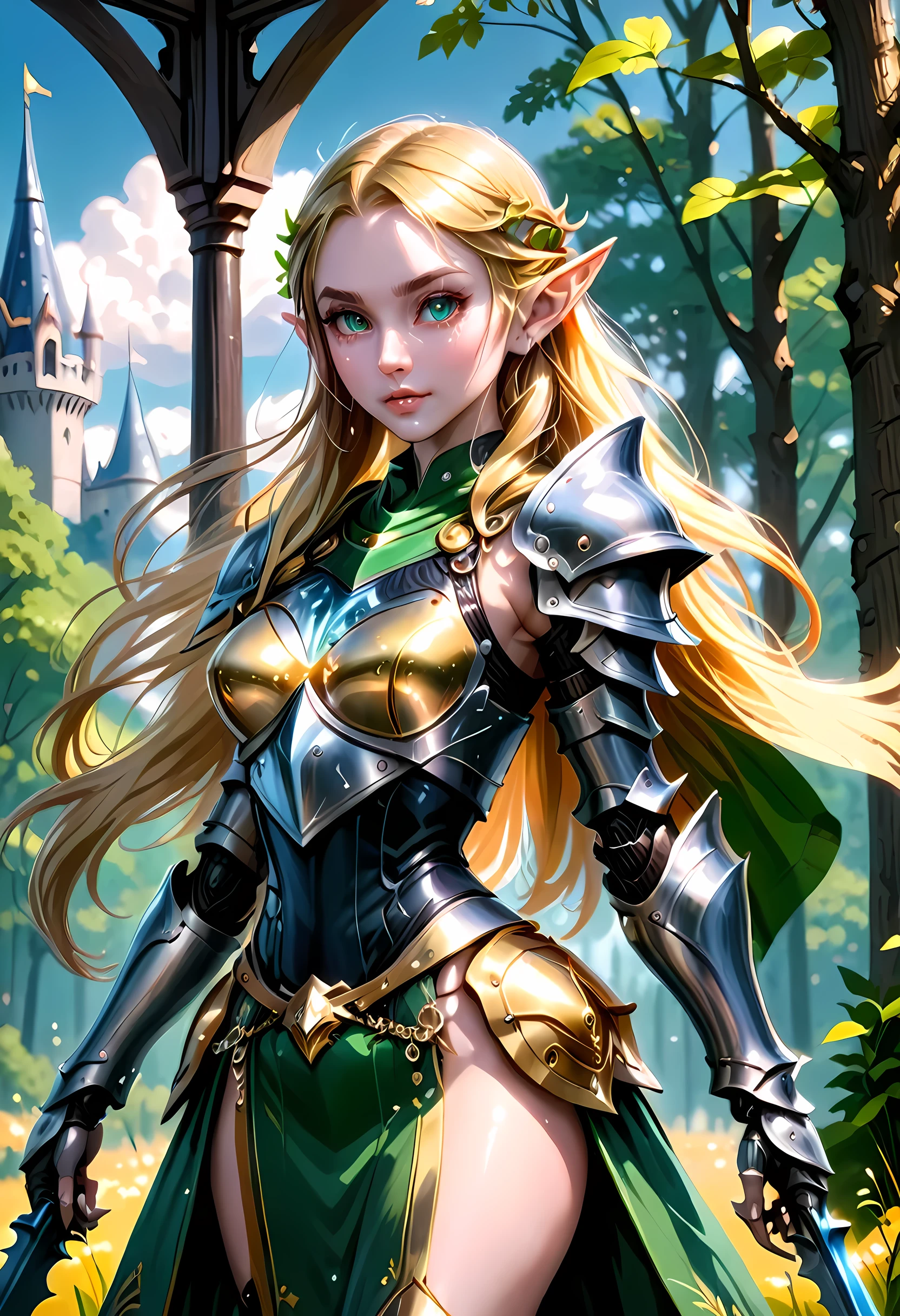 high details, best quality, 16k, [ultra detailed], masterpiece, best quality, (extremely detailed), full body, ultra wide shot, photorealistic, , fantasy art, dnd art, rpg art, realistic art, a wide angle, (((anatomically correct))) a wallpaper of an elf knight, elf warrior, princess knight, shinning knight, ready for battle with her mount (intense details, Masterpiece, best quality: 1.5), female elf (intense details, Masterpiece, best quality: 1.5), ultra detailed face, ultra feminine, fair skin, exquisite beauty, gold hair, long hair, wavy hair, small pointed ears, dynamic eyes color, wearing heavy mech armor, shinning metal, armed with elven sword, green meadows, blue skies background and some clouds background depth of field (intricate details, Masterpiece, best quality: 1.5), full body (intricate details, Masterpiece, best quality: 1.5), high details, best quality, highres, ultra wide angle, cybrk