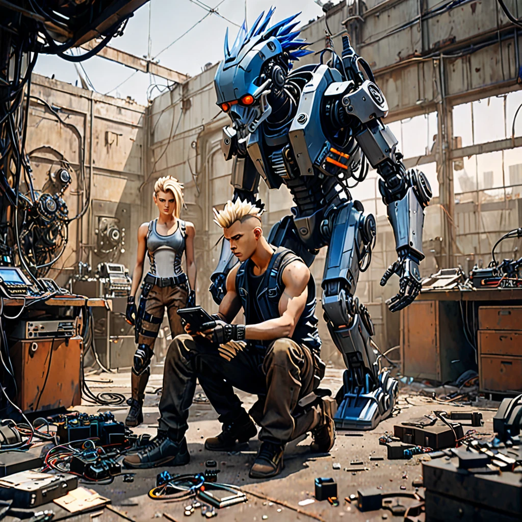 Create an image featuring two central characters surrounded by a chaotic assemblage of mechanical and cybernetic parts. The figure on the left is seated, with fair skin and shoulder-length blonde hair, wearing a gray tank top, brown pants, and cobalt blue shoulder armor. They are holding a colorful sneaker and focusing on repairing it. The figure on the right is kneeling with medium skin tone, sporting a large black mohawk. They wear a sleeveless shirt, dark pants, and examine a small, grotesque cybernetic head with exposed wires and a partial skull. Both display an atmosphere of concentration and are engaged in their tasks in a setting littered with robotic limbs, wires and cybernetic debris. A variety of lights and holographic projections emerge from the technological detritus, casting ambient lighting. The environment should evoke a post-apocalyptic sci-fi setting with a warm, sepia-toned background that subtly blends into a clear, clear sky. 