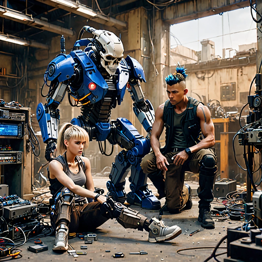 Create an image featuring two central characters surrounded by a chaotic assemblage of mechanical and cybernetic parts. The figure on the left is seated, with fair skin and shoulder-length blonde hair, wearing a gray tank top, brown pants, and cobalt blue shoulder armor. They are holding a colorful sneaker and focusing on repairing it. The figure on the right is kneeling with medium skin tone, sporting a large black mohawk. They wear a sleeveless shirt, dark pants, and examine a small, grotesque cybernetic head with exposed wires and a partial skull. Both display an atmosphere of concentration and are engaged in their tasks in a setting littered with robotic limbs, wires and cybernetic debris. A variety of lights and holographic projections emerge from the technological detritus, casting ambient lighting. The environment should evoke a post-apocalyptic sci-fi setting with a warm, sepia-toned background that subtly blends into a clear, clear sky. 