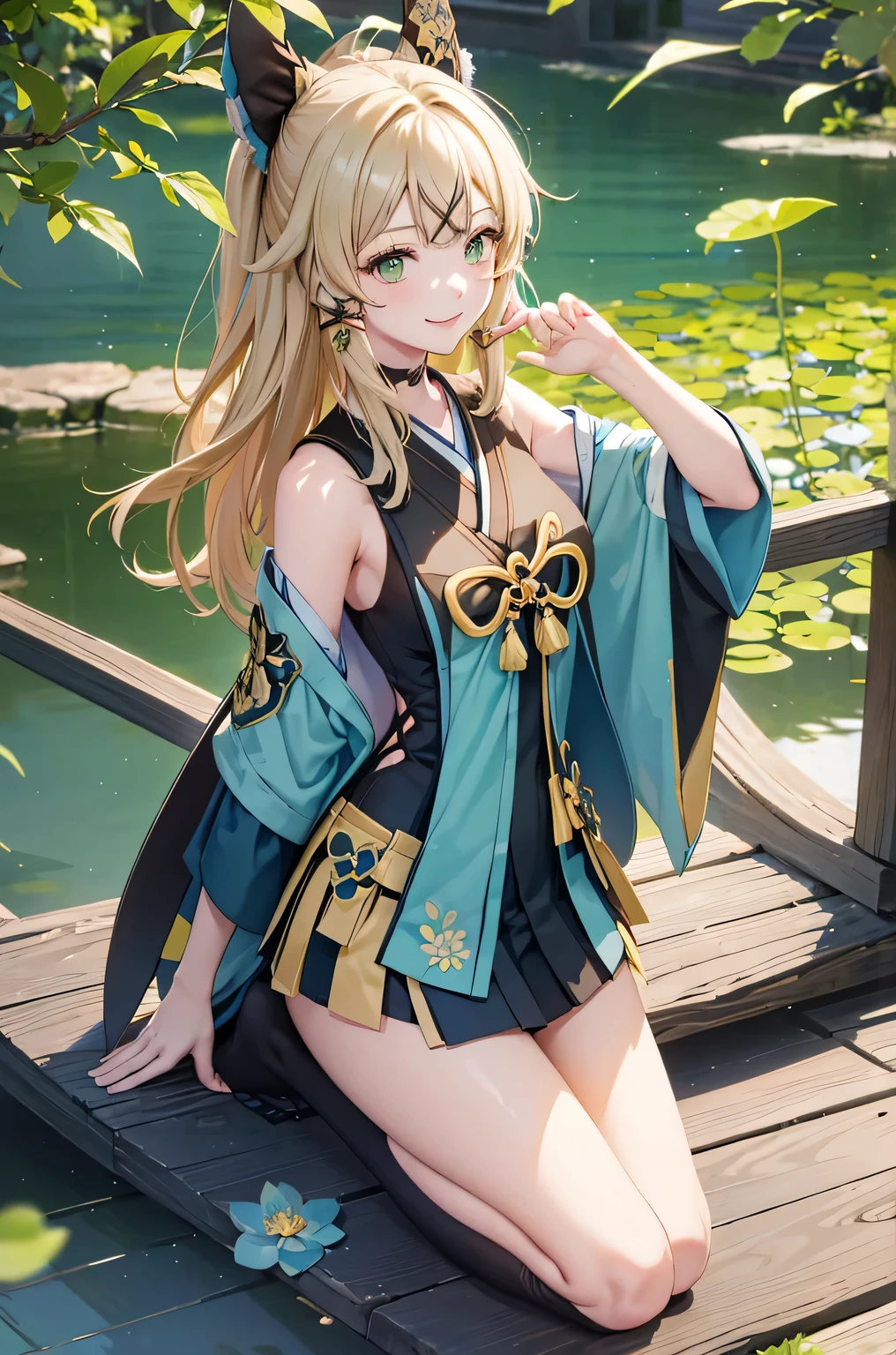 ((kiraradef)):1.5,((masterpiece,highest quality,Highly detailed images,Beautiful images))(kirara images,Japanese garden、Ornamental pond、Fun pose、Bright natural light throughout、Backlight、A fantastic atmosphere、Dust flutters)1.3,(kirara:Full body image)、(Ample breasts、underboob or sideboob, Exposing shoulders):1.2(smile)1.1(Remodeling Kimono)
