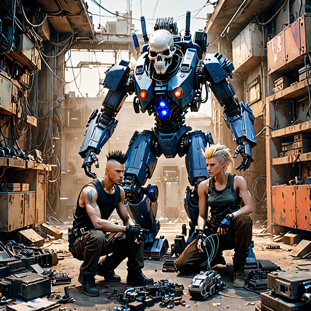 Create an image featuring two central characters surrounded by a chaotic assemblage of mechanical and cybernetic parts. The figure on the left is seated, with fair skin and shoulder-length blonde hair, wearing a gray tank top, brown pants, and cobalt blue shoulder armor. They are holding a colorful sneaker and focusing on repairing it. The figure on the right is kneeling with medium skin tone, sporting a large black mohawk. They wear a sleeveless shirt, dark pants, and examine a small, grotesque cybernetic head with exposed wires and a partial skull. Both display an atmosphere of concentration and are engaged in their tasks in a setting littered with robotic limbs, wires and cybernetic debris. A variety of lights and holographic projections emerge from the technological detritus, casting ambient lighting. The environment should evoke a post-apocalyptic sci-fi setting with a warm, sepia-toned background that subtly blends into a clear, clear sky. 