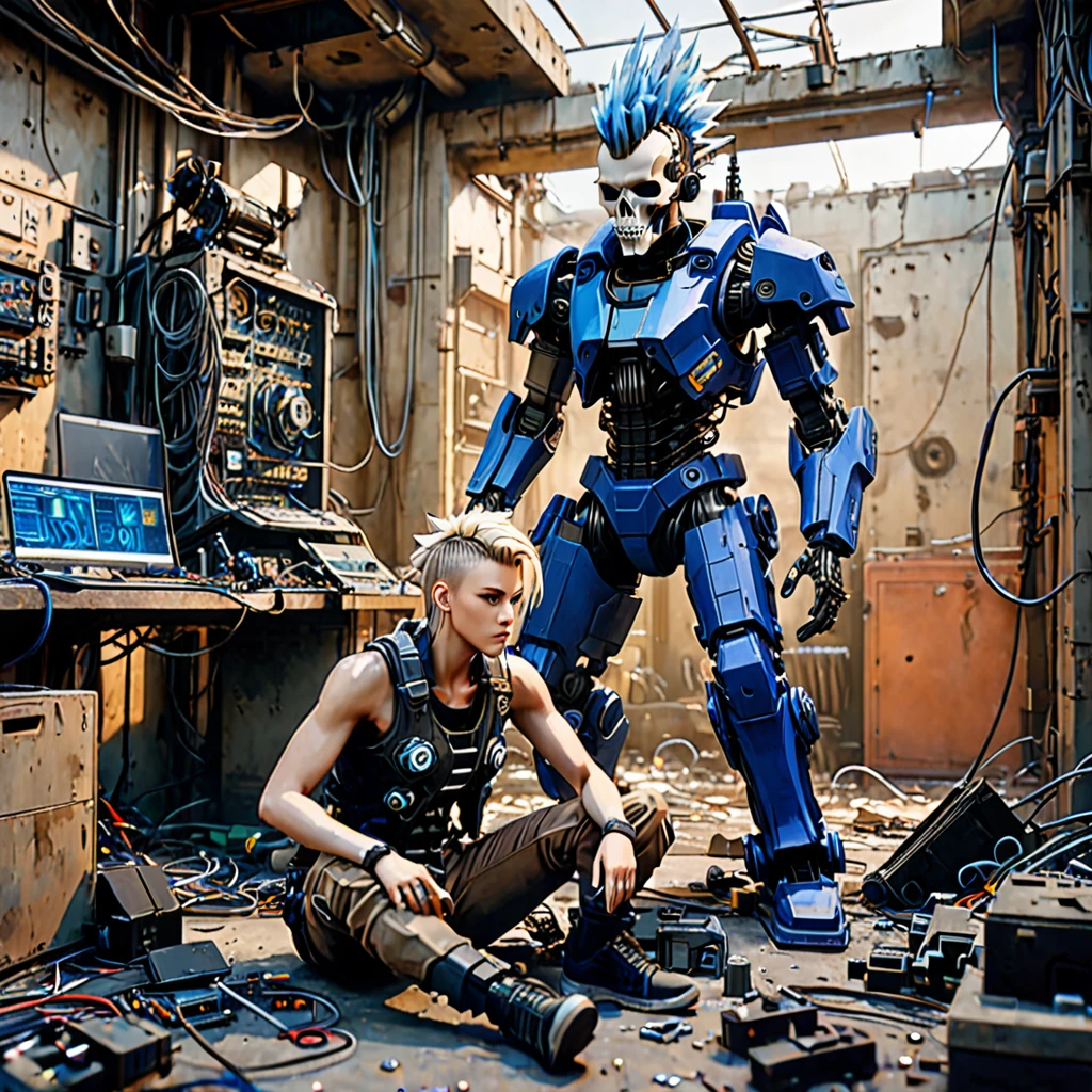 Create an image featuring two central characters surrounded by a chaotic assemblage of mechanical and cybernetic parts. The figure on the left is seated, with fair skin and shoulder-length blonde hair, wearing a gray tank top, brown pants, and cobalt blue shoulder armor. They are holding a colorful sneaker and focusing on repairing it. The figure on the right is kneeling with medium skin tone, sporting a large black mohawk. They wear a sleeveless shirt, dark pants, and examine a small, grotesque cybernetic head with exposed wires and a partial skull. Both display an atmosphere of concentration and are engaged in their tasks in a setting littered with robotic limbs, wires and cybernetic debris. A variety of lights and holographic projections emerge from the technological detritus, casting ambient lighting. The environment should evoke a post-apocalyptic sci-fi setting with a warm, sepia-toned background that subtly blends into a clear, clear sky. 