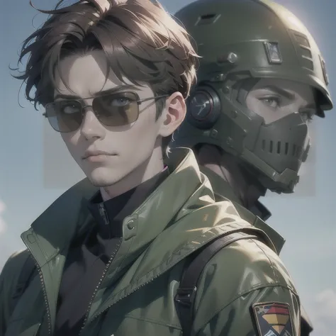 a young man with brown short hair, one blue eye, wearing sunglasses, left hand robotics, green military coat, black pants, milit...