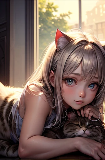 masterpiece, 最high quality, Very beautiful girl,((((A cat sits on the head of a girl lying face down)))),Close-up, Beautiful fine details, Beautifully detailed nose, Beautiful and detailed mouth, Very fine fur, Soft and fluffy, Adorable, Playful, Curious look, Long Hair Girl, (((girl looking at cat))), Intricate details, high quality, 8k, Realistic, masterpiece, Natural light, Warm tones