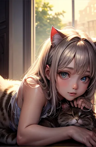 masterpiece, 最high quality, Very beautiful girl,((((A cat sits on the head of a girl lying face down)))),Close-up, Beautiful fin...