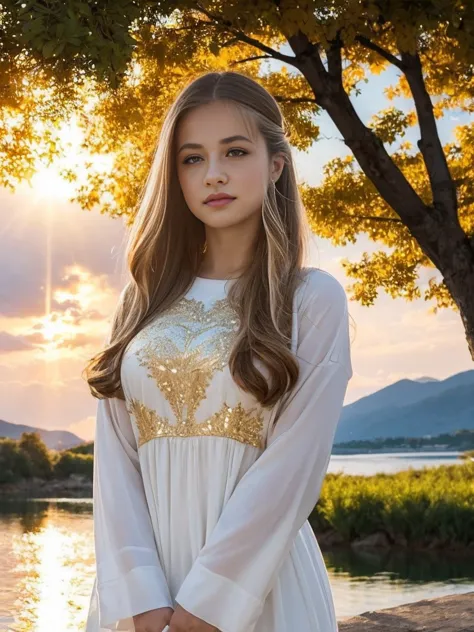 leonor, 1 girl, serene expression, mesmerizing eyes, straight long hair, flowing dress, poised posture, porcelain skin, subtle b...