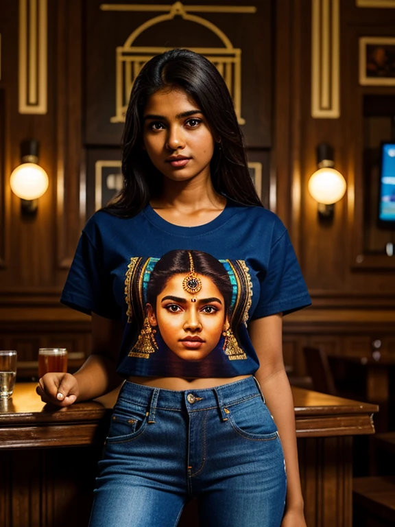 14 year old Tamil girl, inside pub, evening sky, bossy sassy photoshoot, (wearing expensive t-shirt, long jeans pant ), (intricate detailing of face eyes nose mouth full lips & body parts), textured skin, smile:0.6, eyes symmetry, face symmetry, 256K, HDR, hyper realistic, intricate detailing, yotta-pixel image, yocto-pixel detailing