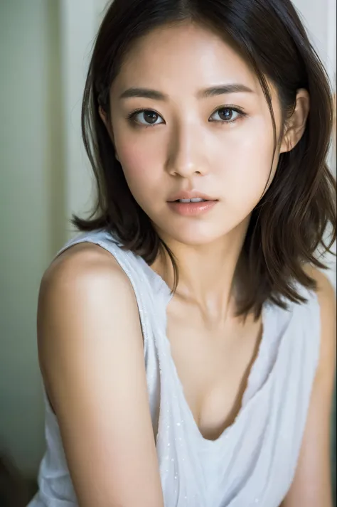You are a professional gravure photographer.。とても美しい一人の日本人女性のphotographを創造してください。Delicate facial features、Bob Hair, Captivating G...