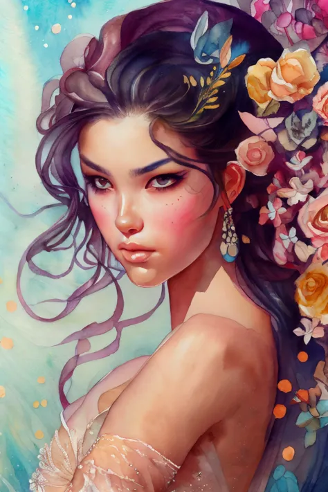 This is a realistic and detailed watercolor fantasy image. Generate a beautiful ethereal woman with beautiful detailed eyes and ...