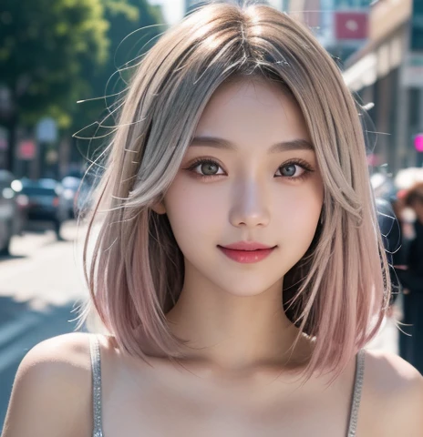 18-year-old、Tabletop, highest quality, figure, Super detailed, In detail, High resolution, 8k wallpaper, Perfect dynamic composition, Beautiful fine details, ,Medium Hair,, Natural color lip, smile、Silver hair with pink gradation at the ends、Street Snap、Silver Eyes