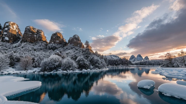 a large body of water surrounded by snow covered rocks, winter lake setting, icy lake setting, ice snowy lake setting, desolate glacial landscape, sparse frozen landscape, frozen lake, dusting of snow, by emmanuel lubezki, desolate arctic landscape, wide angle landscape photography, rocky lake shore, snowy landscape, by Kume Keiichiro , 8k ultra hd, unreal engine 5,Guilin Scenery,mountain,forest,cloud,low light,darkness,humid,view from below , f3nn3r, colourful, pink, blue, black, red, trippy