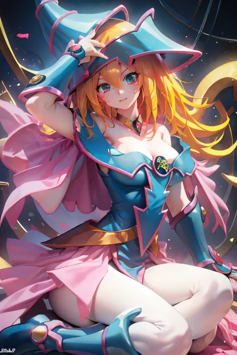 hatsune miku disfrazada de dark magician gils. pose sensual y seductora. fondo de magia