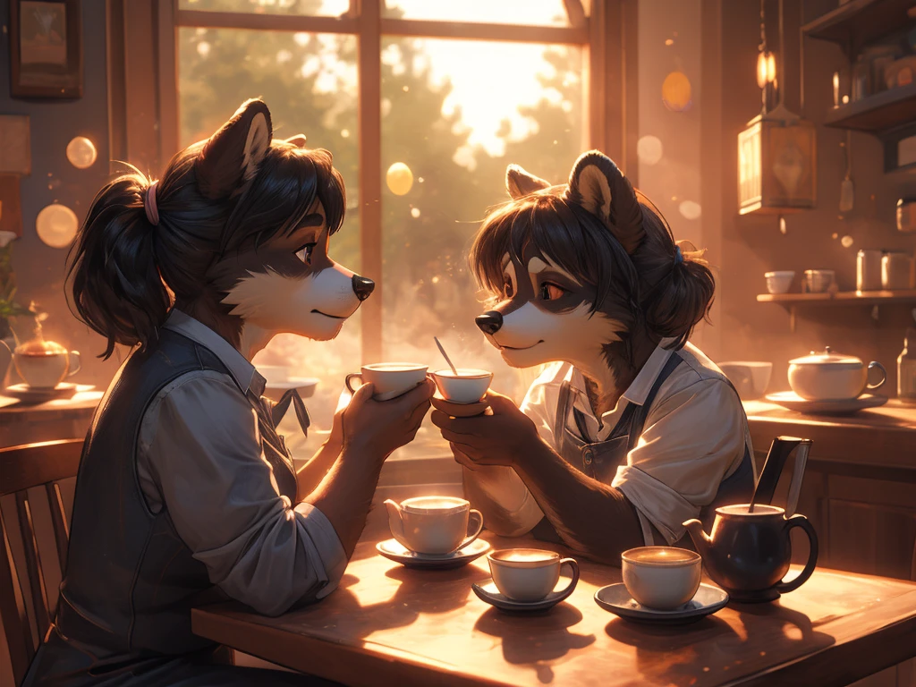 Hallucination , daydream , realistic hairy fur , round face , moist round eyes , Swollen cheeks , hair ties , Short stature , female racoon dog , teatime on cafe