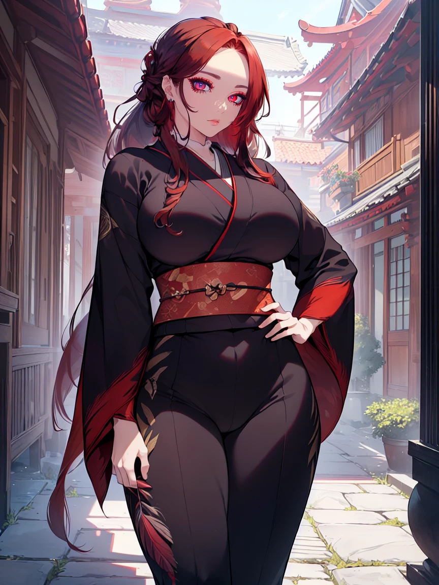 (Uhd, Masterpiece, Textured Skin, Super Detail, High Details, High Quality, Best Quality), Detailed Face, 1woman, mature pretty woman, ((wide hips, thick thighs, huge breasts)), ((Long Red hair tied:1.5)), ((Black kimono with feathers), (Pants), (Huge body), hands on hips, (Cultivator), Courtyard with a stone floor, (impressive pose