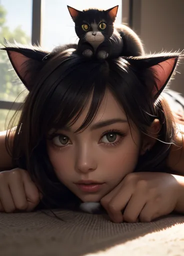 masterpiece, 最high quality, ,((((A cat is sitting on the head of a girl lying face down)))),(((Girl looking up at cat))),((Close...
