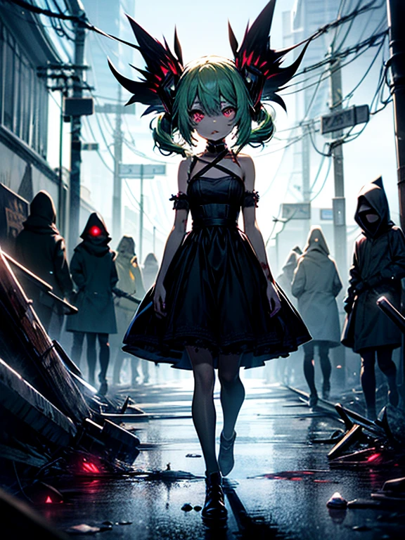 Ahegao、miku hatsune、Green hair、Black Dress、Very fellow humanoid characters, red eyes, She's crazy, nutty, horor, is scared, is scared, Shock value, Very diabolical, evocation, terrorism, terrorism, terrorism, rot, feeling of disgust, She is a psychopath, murky, extremely pale, paler, matted,, seem, terrifying, disease, Background ruins, gore, Bloody_mano, Yui, full body Esbian, (Messy_long_murky_Haar), Bosseler, evil eyes, Bright eye, psychopath,