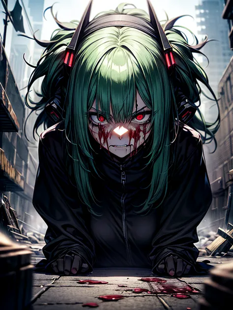 Ahegao、miku hatsune、Green hair、Black Dress、Very fellow humanoid characters, red eyes, She's crazy, nutty, horor, is scared, is s...