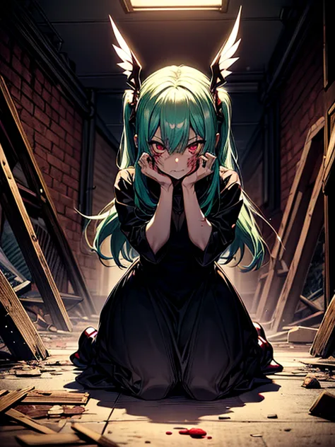 ahegao、miku hatsune、green hair、black dress、very fellow humanoid characters, red eyes, she's crazy, nutty, horor, is scared, is s...