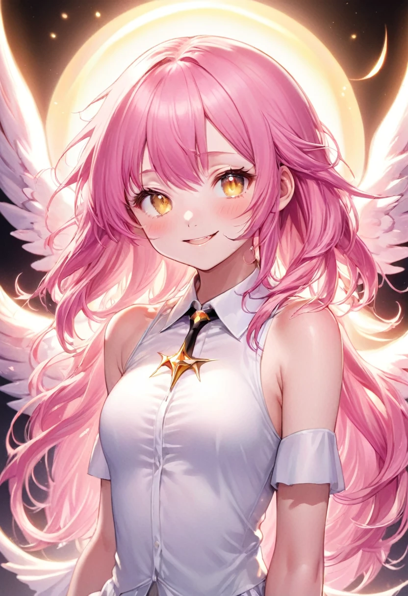 Satanichia McDowell Kurumizawa is a redeemed demon depicted as a  with a halo of light, golden wings, angelic face with a gentle smile, body with delicate and subtle curves, pink hair, small breasts with erect nipples,  suit , full body, dynamic view, horror ecchi anime, HD12K quality,