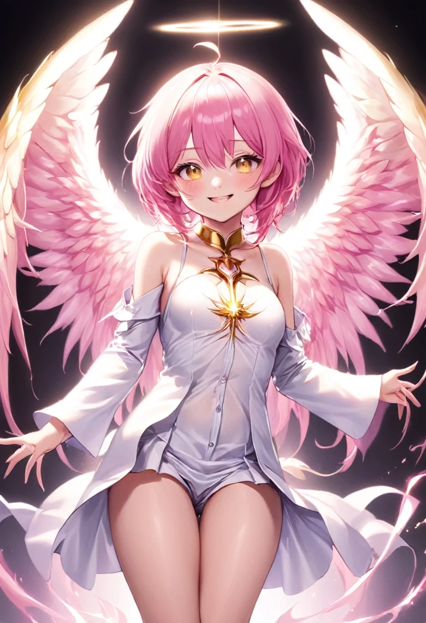 Satanichia McDowell Kurumizawa es un demonio redimido que se representa como  con un halo de luz, alas doradas, rostro angelical con una suave sonrisa, cuerpo con curvas delicadas y sutiles, Cabello rosado, pequeños senos con pezones erectos,  traje , cuerpo completo, vista dinámica, horror ecchi anime, Calidad HD12K,