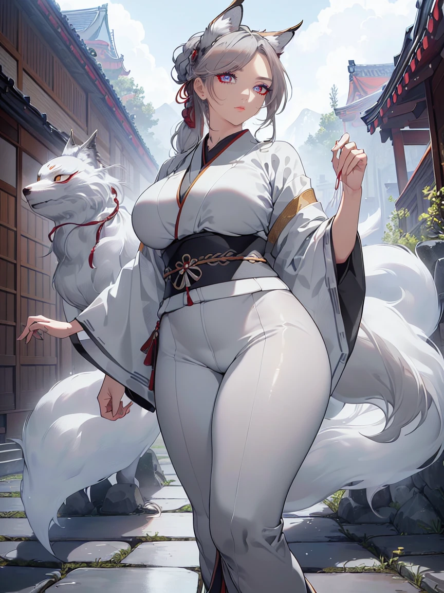 (Uhd, Masterpiece, Textured Skin, Super Detail, High Details, High Quality, Best Quality), Detailed Face, 1woman, mature pretty woman, ((wide hips, thick thighs, huge breasts)), ((Long gray hair tied:1.5)), ((White kimono), (Pants), (Huge body), (Cultivator), Courtyard with a stone floor, (Kitsune:1.3)