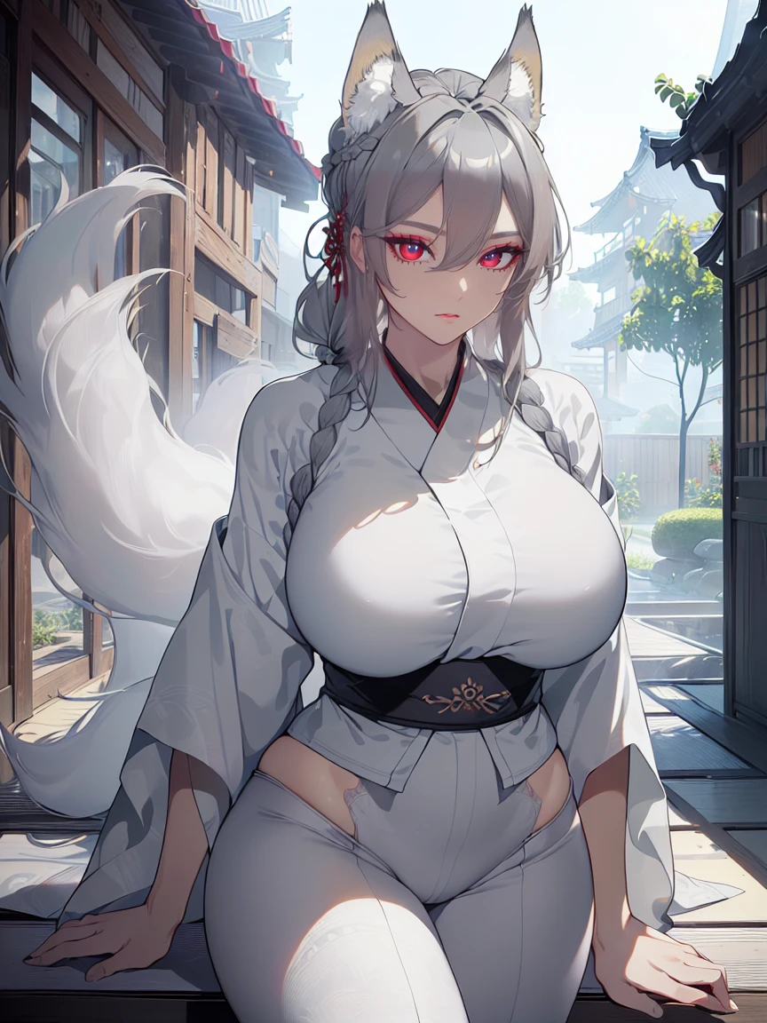 (Uhd, Masterpiece, Textured Skin, Super Detail, High Details, High Quality, Best Quality), Detailed Face, 1woman, mature pretty woman, ((wide hips, thick thighs, huge breasts)), ((Long gray hair tied:1.5)), ((White kimono), (Pants), (Huge body), (Cultivator), Courtyard with a stone floor, (Kitsune:1.3, Kitsune Ears)