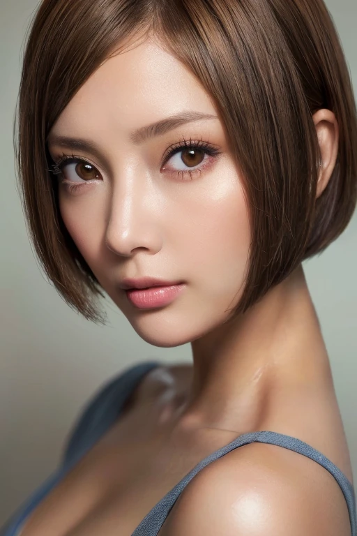  (Clear focus: 1.2), 1 girl,(Close-up of face:1.4) ((Light brown hair, Asymmetrical short bob cut: 1.3)), Leaning forward and looking into the camera, Slim face, Fine Eyes, double eyelid, Exposed cleavage, Unbelievably absurd, Floating Hair,((Realistic lighting, highest quality, 8k, masterpiece: 1.3)),