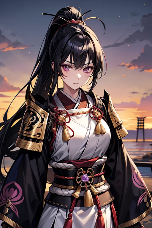 "Japanese samurai woman, 2, black hair, long to the waist, tied up in a high ponytail during battle, deep purple eyes, traditional samurai armor with gold and black design, lightweight, dual swords at waist, muscular but agile physique, calm and composed expression, background setting in a fantasy kingdom, combining elements of traditional samurai culture and magical aura."