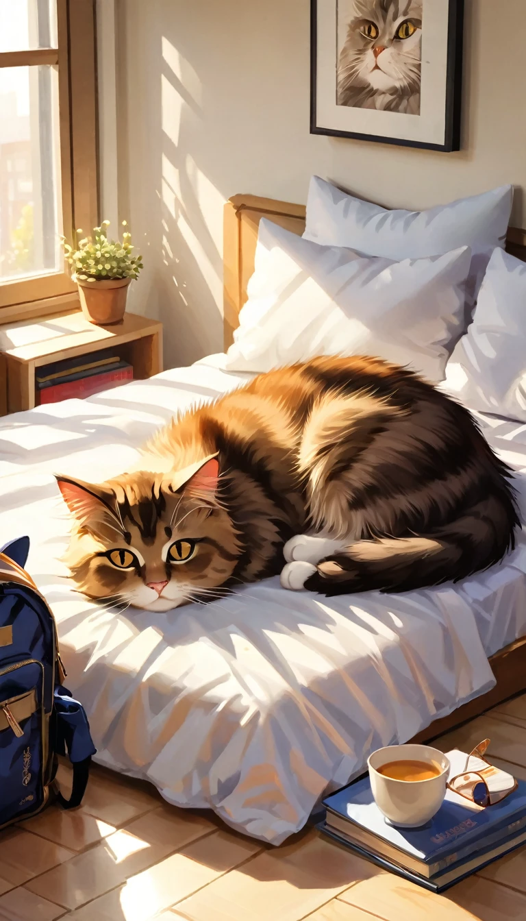 一只漂亮又毛茸茸的猫, 躺在床上, 配有猫形枕头, 阳光透过窗户射进来, 放着书的床头柜, 地板上有一个孩子的背包, 猫科动物详细特征, 逼真的毛皮纹理, 柔和的灯光, 暖色调, 放松的猫式, 舒适的卧室内饰, 真实感, 8千, 高质量