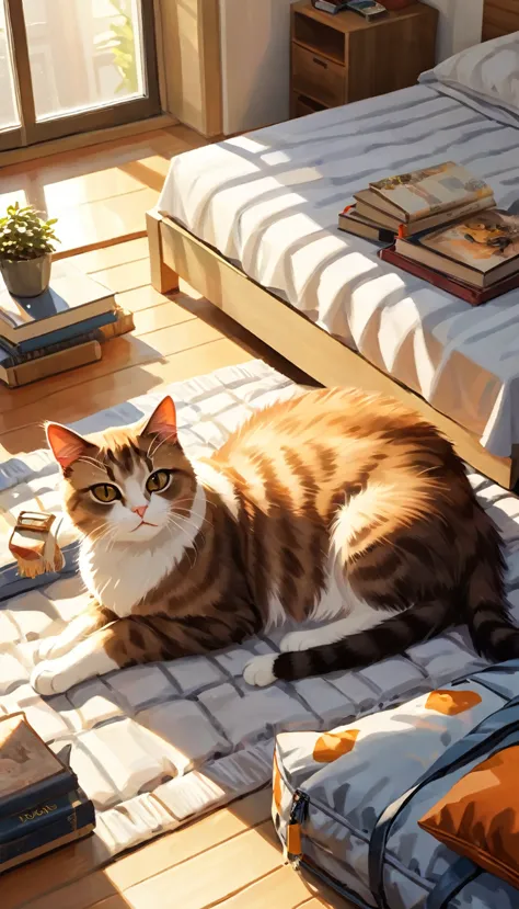 a beautiful and fluffy cat, lying on a bed, with cat-shaped pillows, sunlight streaming through a window, a nightstand with book...