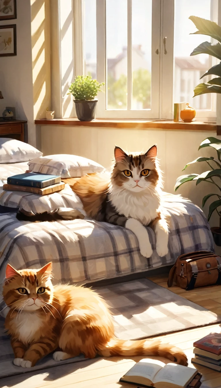 美しくふわふわした猫, ベッドに横たわる, 猫型の枕付き, 窓から差し込む太陽の光, 本が置かれたナイトスタンド, 床に置かれた子供のリュックサック, 詳細な猫の特徴, リアルな毛皮の質感, 柔らかな照明, 暖色系の色調, リラックスした猫のポーズ, 居心地の良い寝室のインテリア, 写実的な, 8k, 高品質