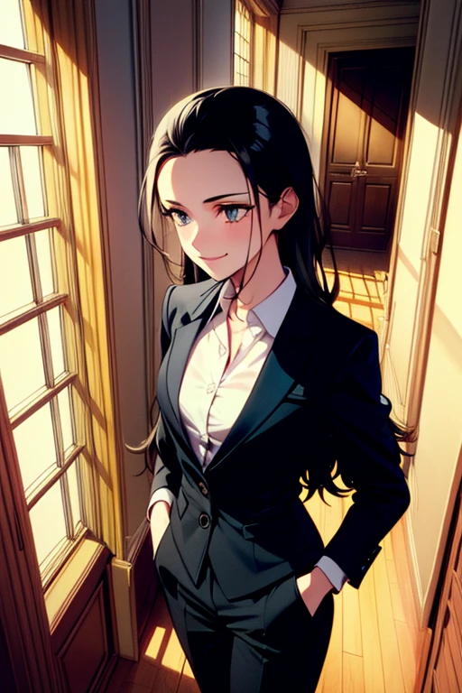 masterpiece, ((ultra detailed background, delicate pattern, intricate detail)), (highly detailed, fine details), best quality, beautiful lighting,((medium breasts, slim girl)), (white shirt, formal shirt, black pants, formal clothing), hair in a bun, NicoRobinV2, 1girl, black hair, long hair, solo, smile, blue eyes, closed mouth, hair slicked back, (complex detailed background, inside, hallway environment, classy interior, window, daytime), (portrait),  