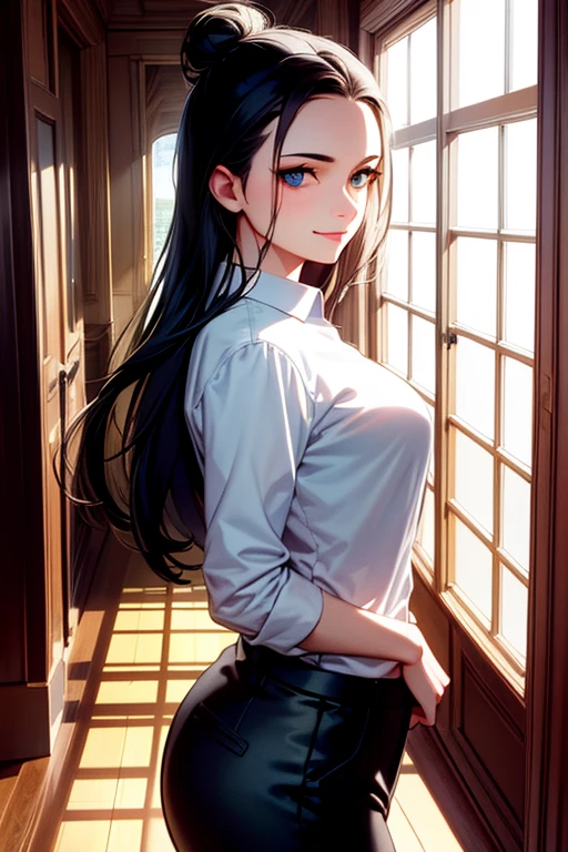 masterpiece, ((ultra detailed background, delicate pattern, intricate detail)), (highly detailed, fine details), best quality, beautiful lighting,((medium breasts, slim girl)), (white shirt, formal shirt, black pants, formal clothing), hair in a bun, NicoRobinV2, 1girl, black hair, long hair, solo, smile, blue eyes, closed mouth, hair slicked back, (complex detailed background, inside, hallway environment, classy interior, window, daytime), (portrait),  