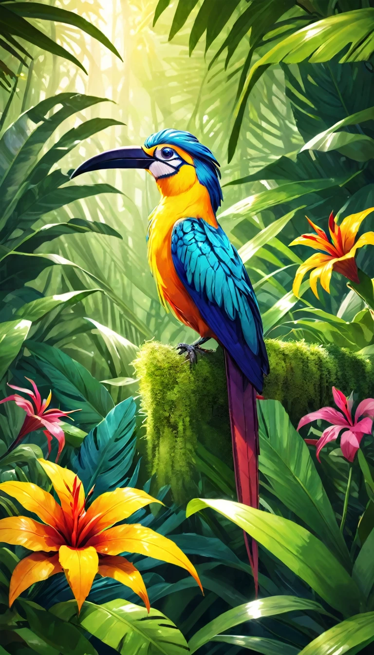 1oiseau exotique, plumes colorées détaillées, Jungle tropicale, feuillage dense, Arrière-plan flou, rayons de soleil, (Meilleure qualité,4k,8k,haute résolution,chef-d&#39;œuvre:1.2),ultra-détaillé,(Réaliste,photoRéaliste,photo-Réaliste:1.37),couleurs vives,Éclairage dramatique,composition cinématographique